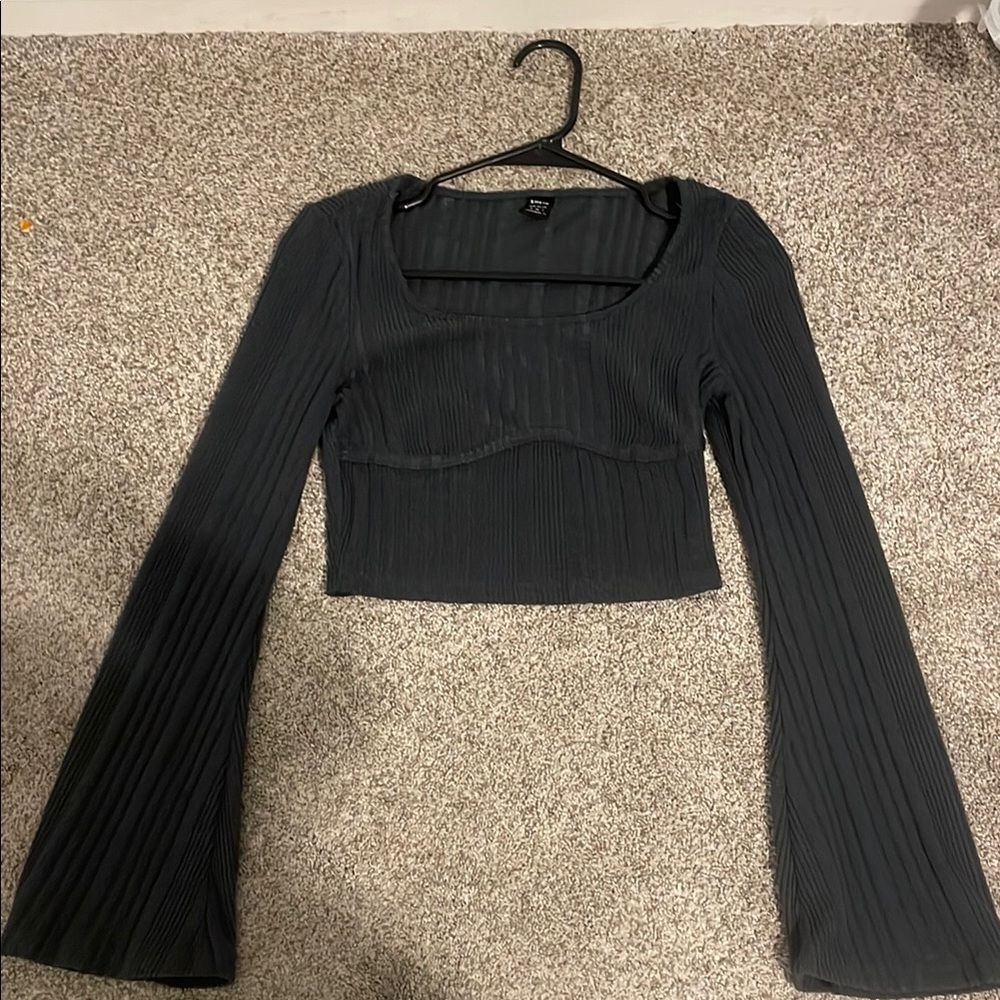 Zara Black Ribbed Bell Sleeve Crop Top